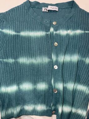 Zara Teal Ribbed Button Cardigan with Subtle Stripes